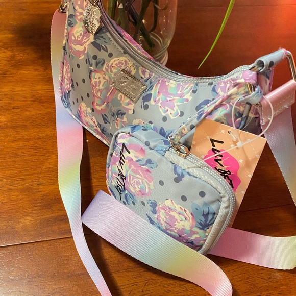 BETSEY JOHNSON GREY /PURPLE FLORAL ROSES CROSSBODY WITH POUCH - Picture 4 of 6